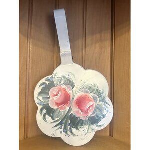 Vintage White Plymouth Toleware Silent Butler Crumb Catcher Floral Hand Painted